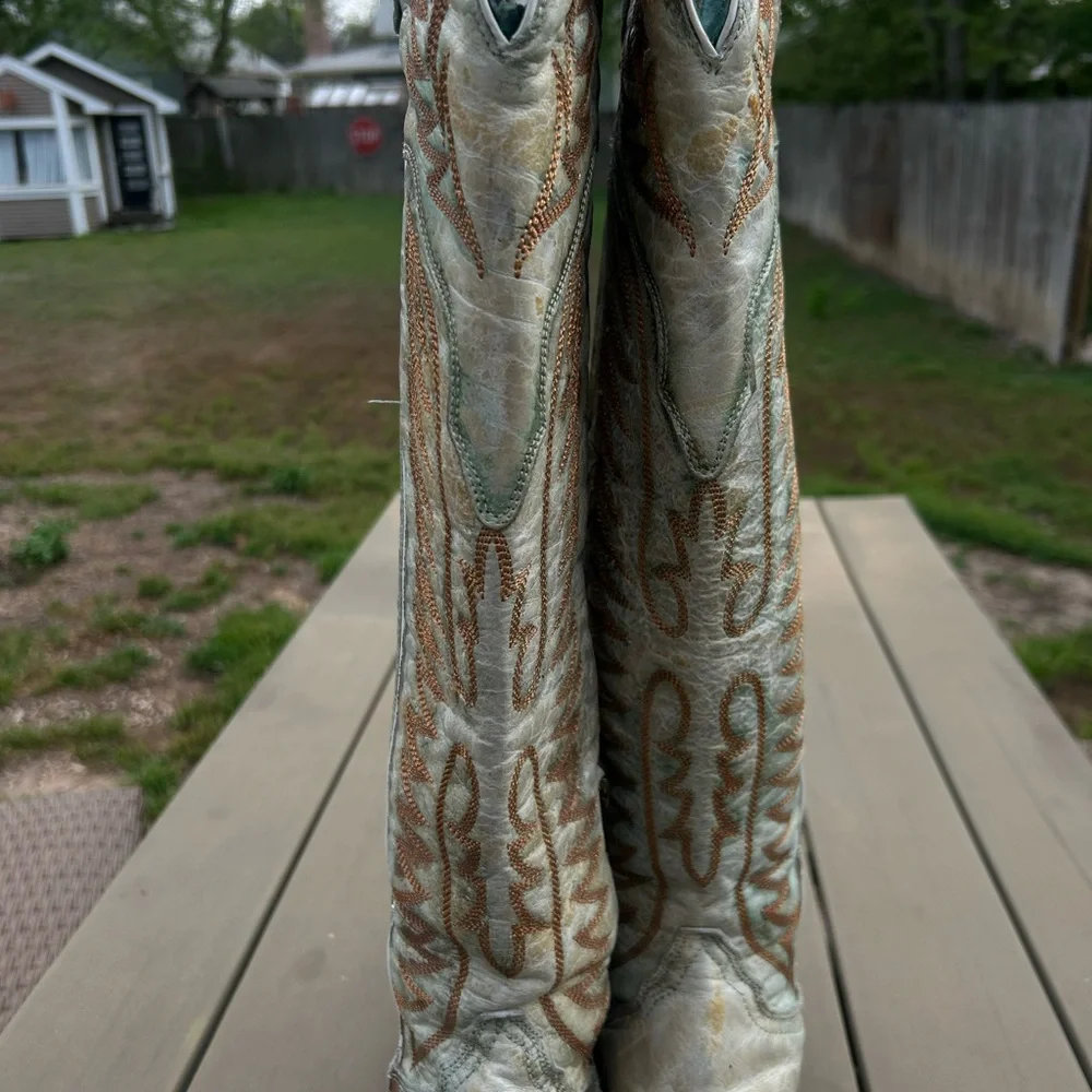 Corral Women's Embroidered Over-the-Knee Boots in Light Gray and Tan